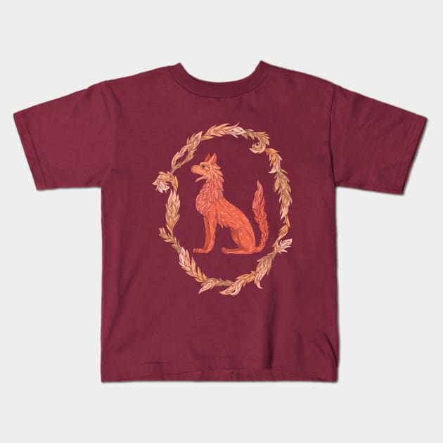 Red fire wolf in a floral wreath Kids T-Shirt by PinataFoundry